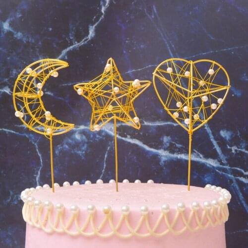 Pearl Wedding Cake Topper Gold Star Heart Happy Birthday Cupcake Topper For Wedding Birthday Party Cake Decorations Baby Shower