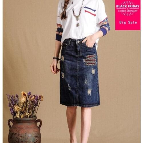XS-8XL Plus size High waist hole denim cotton skirt spring female 2020 new pack up skirt college style embroidered skirt wj456