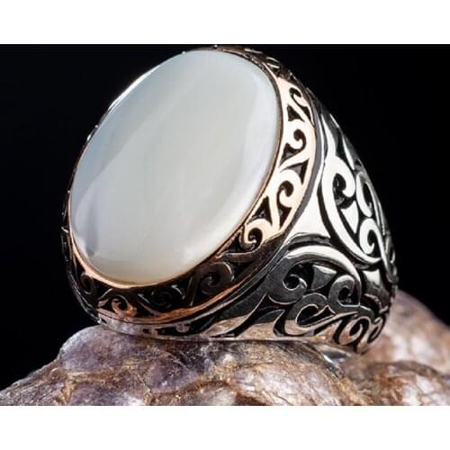 925 Sterling Silver Ring with White Mother of Pearl Stone Mens Ring Chic Ring for Men