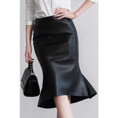 Plus Size Women Genuine Leather Skirt Female Real Sheepskin Elegant Ladies Black Trumpet Skirt Office Work High Waist Midi Skirt