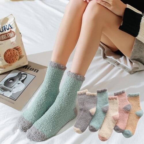 1 Pair Women‘s Socks Winter Warmer Thicken Coral Fleece Soft Candy Color Middle Tube Cotton Snow Velvet Boots Floor Sleep Sox