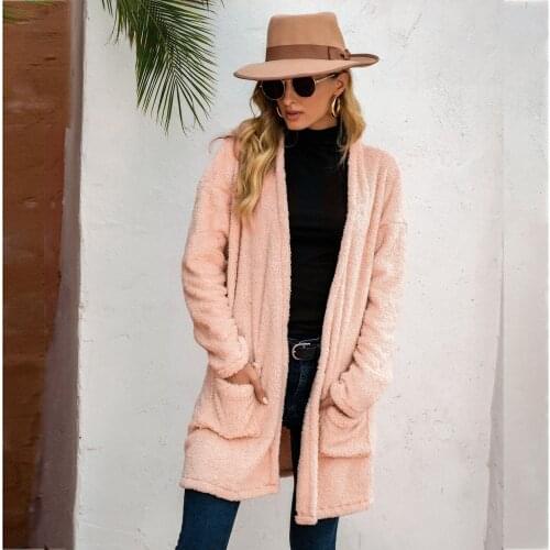 Autumn And Winter Womens Solid Plush Long Sleeve Sweater Medium Length Pocket Warm Cardigan Coat Ladies Sweaters Jumpers
