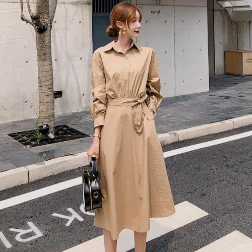 Women spring summer dresse casual long-sleeved A-line shirt dress women fashion bandage tunic dress robe Korea style