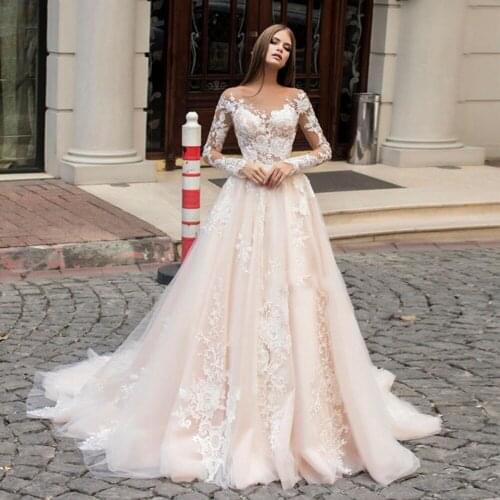 Boho Long Sleeves Wedding Dresses A-line Lace Bridal Gown Vestido de Novia Sweep Train Bride Dress 2021