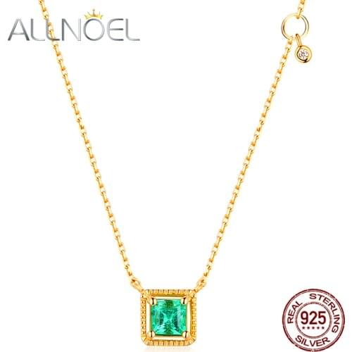 ALLNOEL 925 Sterling Silver Necklace For Women Green Nano Zircon Gem Diamond Necklaces Real Gold Wedding Fine Jewelry Hot Sale