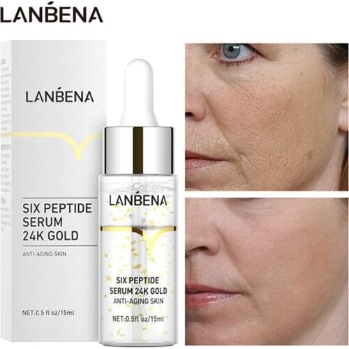 LANBENA 24K Gold Anti-Aging Serum Six Peptides Firming Lifting Facial Essence Remove Wrinkle Fine Lines Whitening Skin Care 15ml