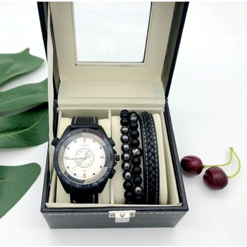 Mens Fashion Casual Quartz Watch Leather Weaving Bracelet Gift Box Boyfriend Birthday Christmas Present Wristwatch Big Dial