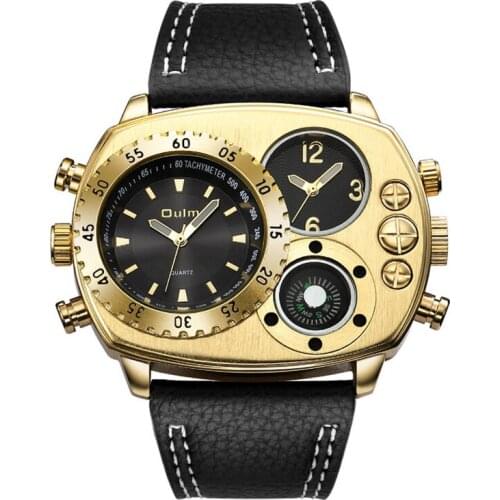 Oulm Watches Men Casual Genuine Leather Strap Two Time Zone Large Dial Quartz Watch Clock Male Sports Wristwatches Drop Shipping