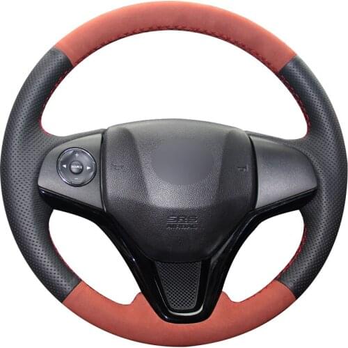 Black Synthetic Leather Brown Suede Car Steering Wheel Cover for Honda New Fit City Jazz 2014 2015 HRV HR-V 2016 Vezel 2015-2017