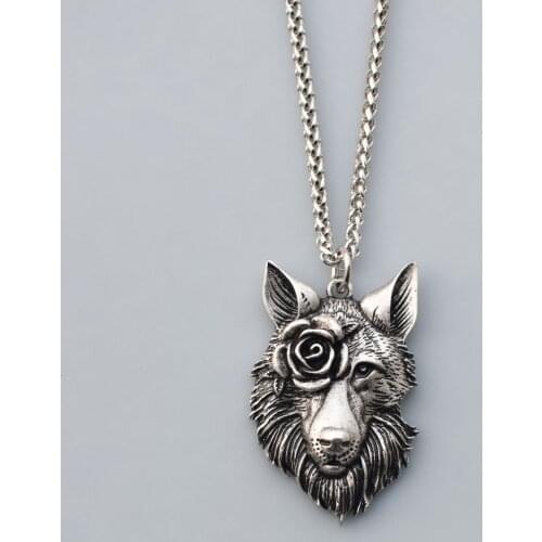 Rose flower wolf head Pendant Necklace Vintage Animal Birthday-Gift Jewelry Forest Wolf Shape Amulet Jewelry