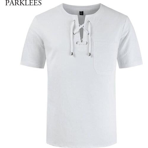 Mens Cotton Linen Shirt Scottish Jacobite Ghillie Kilt Shirt Men V Neck Lace-up Top Blouse Lightweight Breathable Chemise Homme