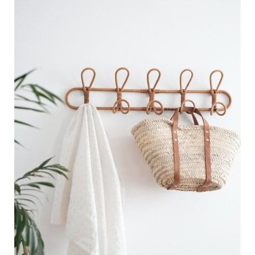 Hot XD-Large Vintage Rattan Clothes Hanger Kids Garments Organizer Rack Rattan Wall Hooks Clothes Hat Hanging Hook Room Decor