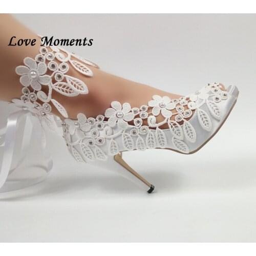 Love Moments White Lace-Up wedding shoes Peep Toe Ladies Pumps fashion shoes with platforms woman party Pumps Open Toe Pumps