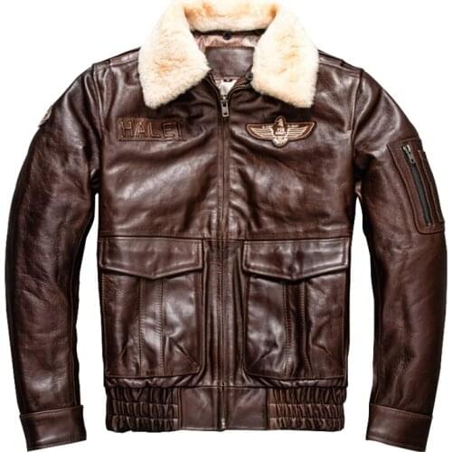 ABOORUN Mens 100% Cowhide Bomber Jacket Plus Size 5XL Brown Cotton Inner Genuine Leather Coat for Male