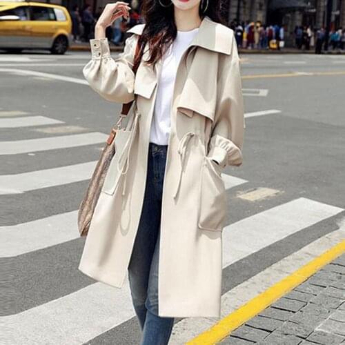 New Autumn Long Trench Coat Women Lapel Drawstring Lace Up Cardigan Jacket Korean Thin Female Pocket Outwear Fashion Windbreaker