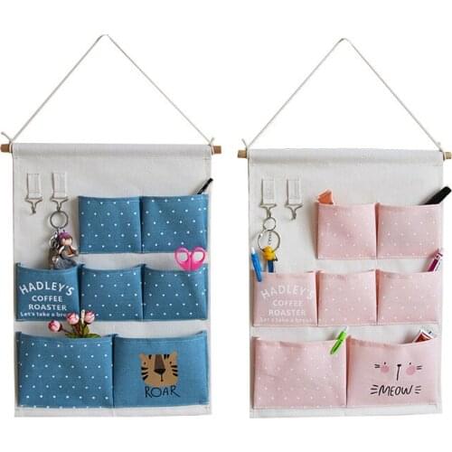 Cotton Linen Hanging Storage Bag 7 Pockets Wall Mounted Wardrobe Hanging Bag Wall Pouch Cosmetic Toys Organizer multi Colors