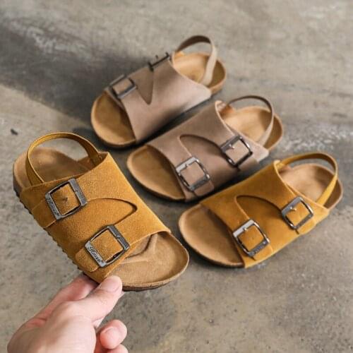 Nubuck&PU Leather Sandalias Kids Brown Cork Shoes Double Buckle Adjustable Sandals Boys&Girls Beach Slippers Outdoor Baby Shoes