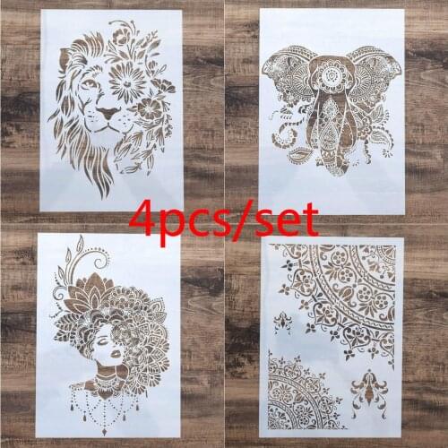 4pcs A4 Size DIY Craft LLion Elephant Mandala Stencil for Wall Painting Scrapbooking Stamping Stamp Album Decorative Embossing