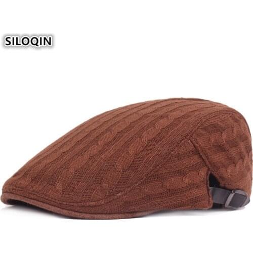 SILOQIN Middle-aged Elderly Mens Autumn Winter Knitting Berets Adjustable Simple Solid color Keep Warm Breathable Tongue Caps