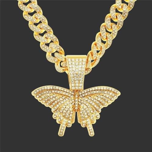 Iced Out Butterfly Necklace Cuban Link Chain Choker Necklace Gifts For Women Butterfly Chains Bling Hip Hop Pendant Jewelry
