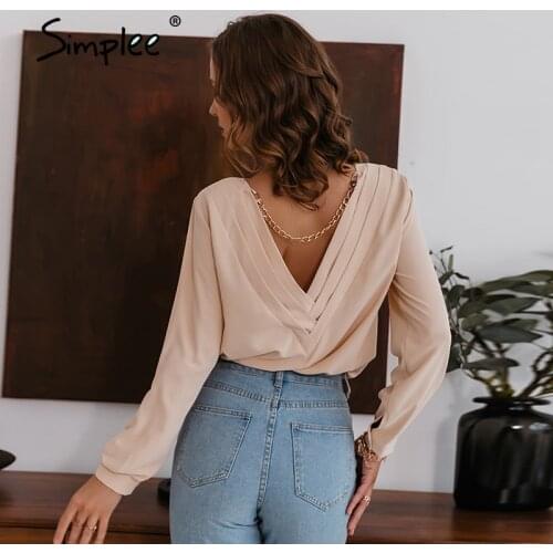 Simplee Sexy backless deep V chain T-shirt Solid long lantern sleeves splicing shirts High street office lady women tops fashion