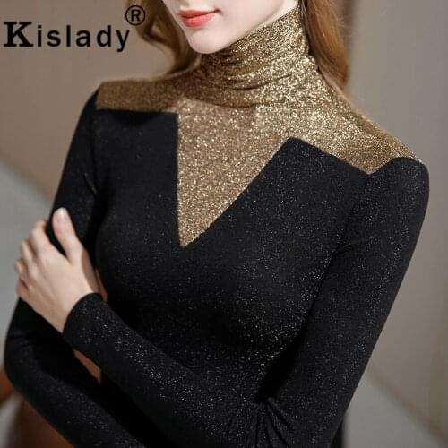 New Fall Winter Womens Sexy Shining Turtleneck Shirt Plus Size Patchwork Christmas Tops Shirt Korean Party Club Gothic Clothes