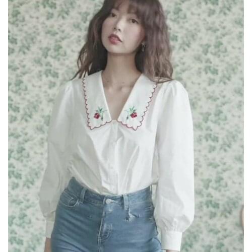 Women Shirt French Niche 2021 Early Spring New Rose Embroidery Lapel Single-breasted Loose Blouse