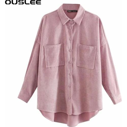 OUSLEE Women Simply Fashion Pockets Oversized Corduroy Breasted Shirts Vintage Long Sleeve Asymmetric Loose Female Blouses Tops