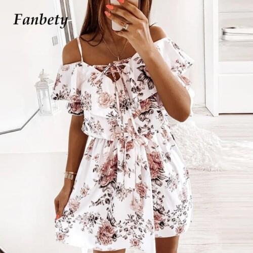 Women Elegant Floral Print Backless Ruffle Dress Women Sexy Off Shoulder Party Mini Dress 2021 Summer Casual Lace-Up Beach Dress