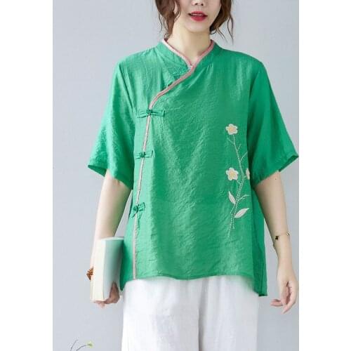 Women Cotton Linen Casual Shirts New 2021 Summer Chinese Style Vintage Stand Collar Floral Embroidery Loose Female Tops S3585