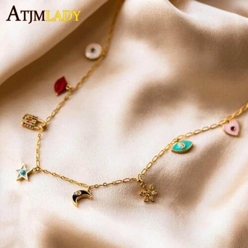 2020 summer colorful jewelry enamel cz paved minimal flower moon star kiss heart drop cz charm 35+10cm choker women necklace