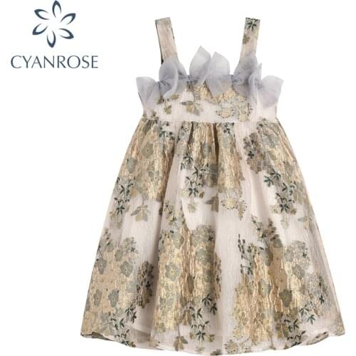 Fashion Vintage Suspender Dress Women Summer 2021 French Mesh Bow Patchwork High-End Jacquard Embroidery Holiday Ladies Dress