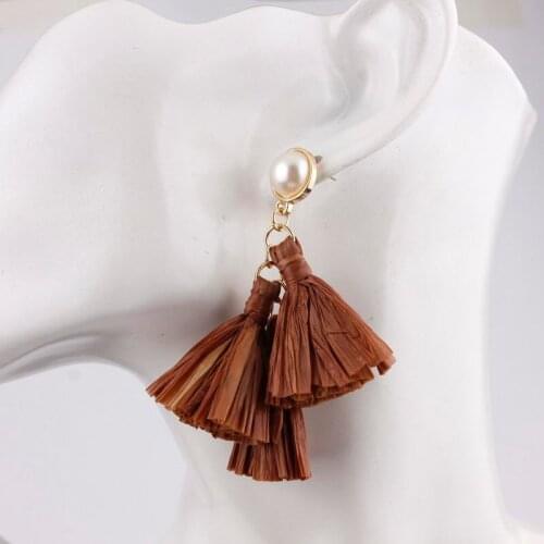 ZWPON 2020 Pearl Raffia Straw Tassel Earrings Light Weight Fashion Bohemian Jewelry Dangle Statement Chandelier Earrings Women