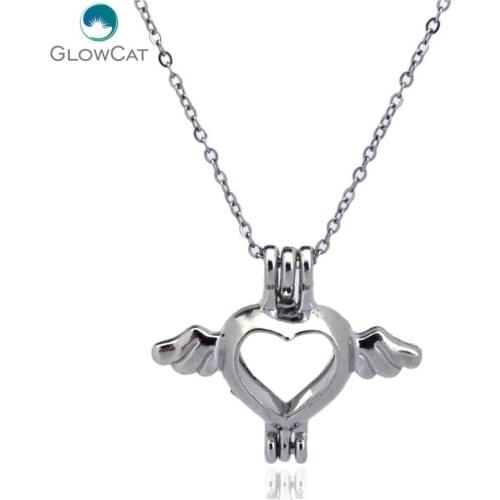 K59 Silver Tone Flying Wing Love Diffuser Locket Necklace Aromatherapy Steel 16" Aroma Essential Oil Diffuser Locket