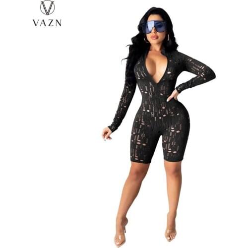 VAZN 2021 Top Quality Playsuits Young Sexy Solid Free Soft Tracksutis Full Sleeve Women High Waist Braid Slim Playsuits