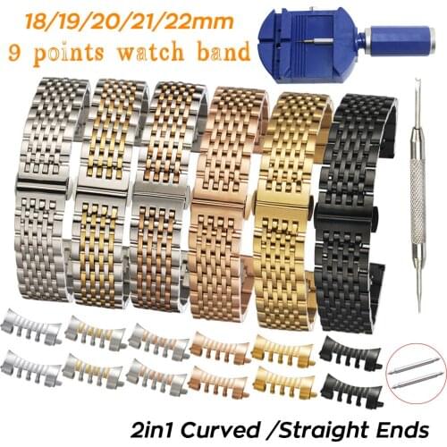 2in1 Curved End Watch Strap 18mm 19mm 20mm 21mm 22mm Wrist Band Replacement Watchband 9 Points Butterfly Clasp Belt with Tools