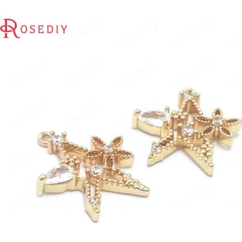 38896)6PCS 24K Champagne Gold Color Brass and Zircon with Flower Star Charms Pendants Jewelry Making Supplies Diy Accessories