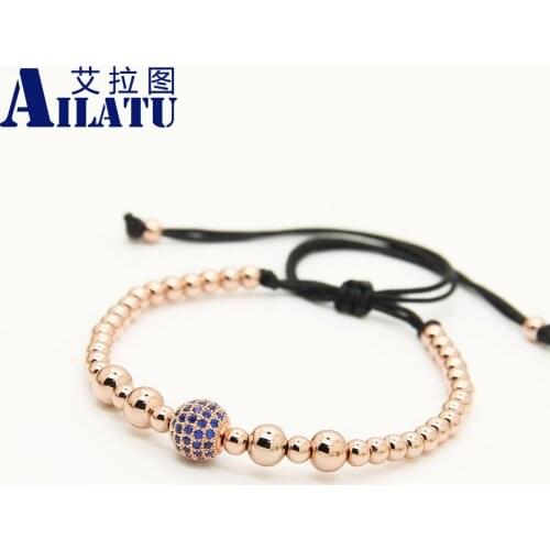 Ailatu 4mm Top Quality Copper Beads with 9mm Blue CZ Ball Braiding Macrame Menss Bracelet