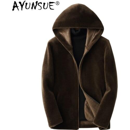 AYUNSUE Mens Real Fur Coat Autumn Winter Jacket Male Hooded 100% Wool Coats and Jackets Blouson Homme Hiver KFS19M211-J KJ3794