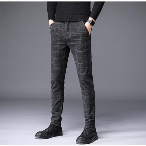 Brand Pants Men Casual Elastic Long Trousers Male Cotton Plaid Gray Work Pant mens Autumn