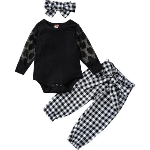 Baby Girl’s Tops and Trousers Suit Fresh Solid Color Long Sleeve Romper and Plaid Long Pants with Headband