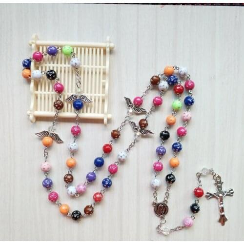 QIGO Colorful Plastic Rosary Necklace Catholic Long Jesus Cross Pendant For Women Religious Jewelry