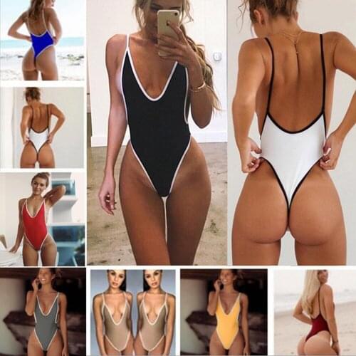 Bikini 2020 European and American sexy ladies one-piece swimsuit sling V-neck three-point womens solid color one-piece bikini