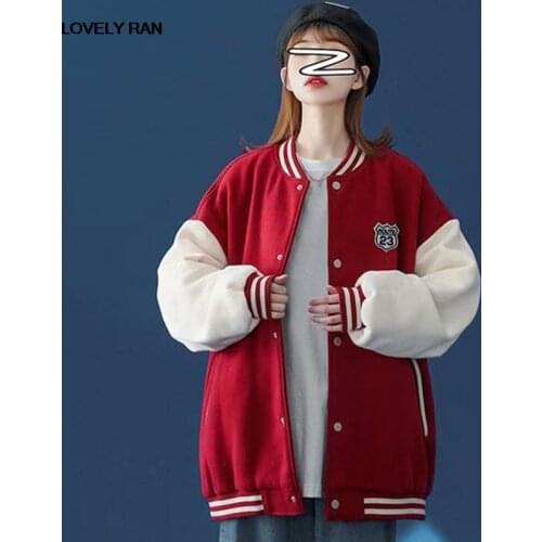 Women Patchwork Letter Print Button Bomer Coat Pocket Casual Loose Harajuku Red Streetwear Lady Jackets For Autumn 2021 Outwear