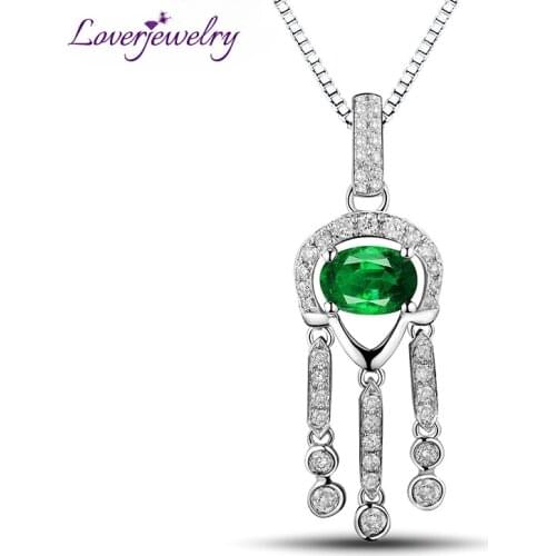 LOVERJEWELRY Emerald Pendants For Women Oval Emerald GEM Solid 18Kt White Gold Natural Gorgeous Emerald Diamond Wedding Pendant