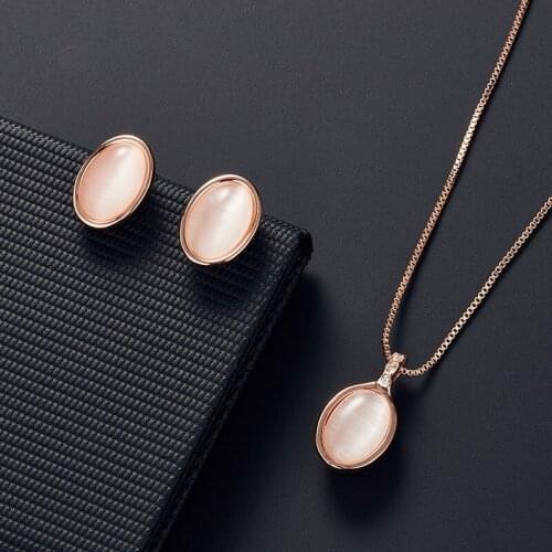 Fashion Opal Rhinestone Inlaid Oval Pendent Earrings Necklace Set Korean Neck Ear Jewelry Sets for Women Girls Gift Wholesale
