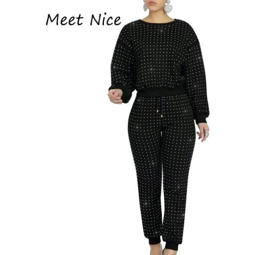 New Fashion Diamonds Studded Casual Tracksuit Women Two Piece Set Top And Long Pants Suits Womens Femme 2 Piece Set