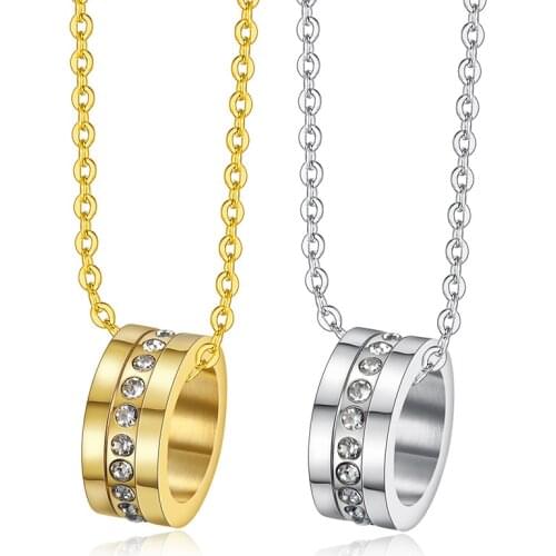 Simple Fashion Round Crystal Pendant Hip Hop Necklace Stainless Steel Men and Women Jewelry