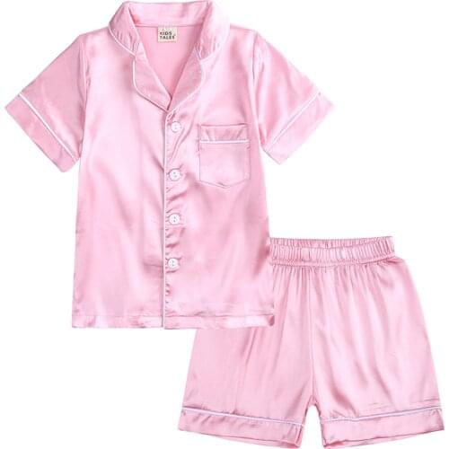 2PCS Toddler Baby Boy Girl Satin Silk Pajamas Set Short Sleeve Shirt+Pants Sleepwear Summer Soft Button Solid Kids Pajama Sets
