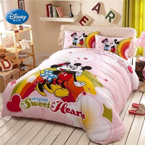 Disney Pink Mickey Minnie Yellow Winnie The Pooh Pattern Eiderdown Quilt Cover Pillowcase Bed Sheet Children Bedroom Decoration